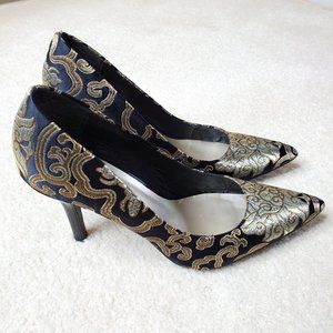 9 & CO. Black/Gold Women Embroidered Heels SZ 8M
